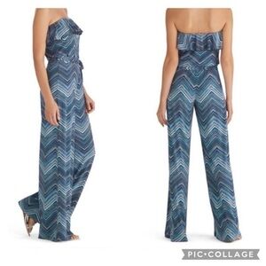 WHBM Jumpsuit Strapless Blue Black Stripe Jersey Knit Wide Leg XXS Party Chic